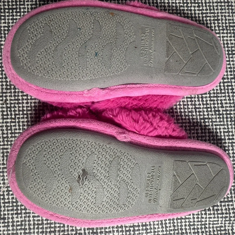 Dearfoams Girls Pink Faux Fur Cross Band Slippers Gold Foil Dots Size 2-3 US